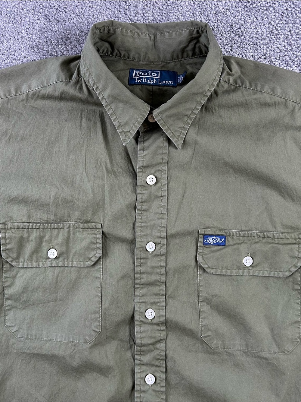 Polo Ralph Lauren Work Shirt Mens L Olive Green Short Sleeve Button Up Pockets